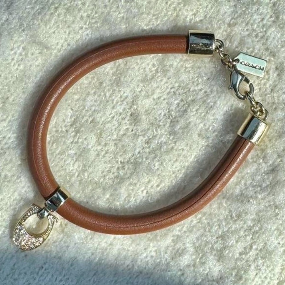 Vintage Coach Leather Bracelet Pave Signature C Charm Honey Brown Cord Gold Tone - Picture 5 of 6